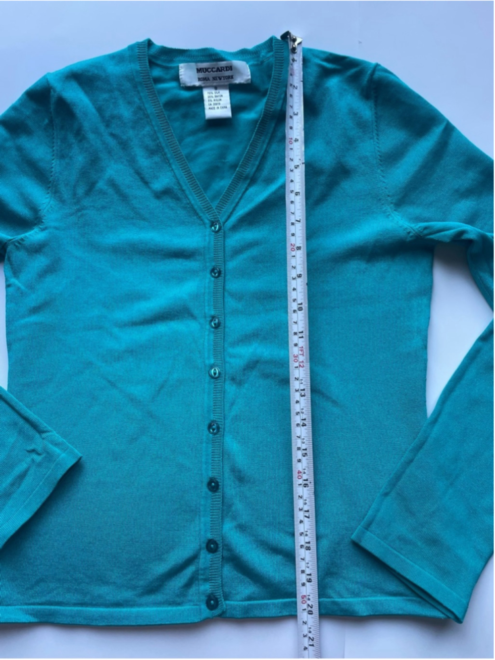 Muccardi Silk sweater Teal Cardigan Size 8 Button Front Lightweight Luxury Layer - Picture 5 of 8
